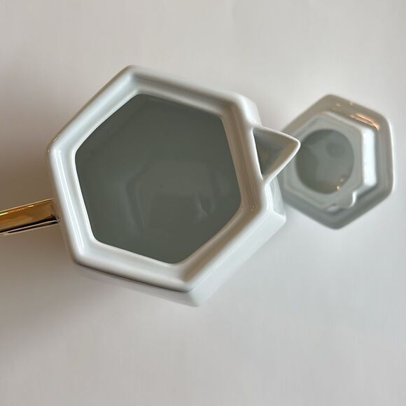 CB2 White Hexagonal Stacking Teapot Cup Gold Trim Tea For One - Picture 7 of 11